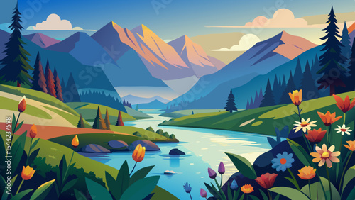 Beautiful flowers on mountain river in the mountains nature and river vector illustration