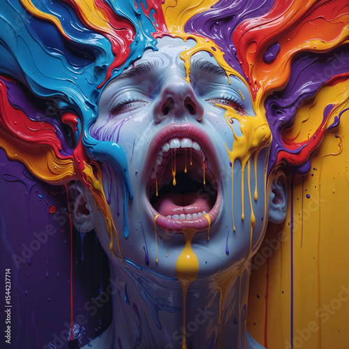Color Scream, A melting face in abstract style, with dripping, expressive paint suggesting a scream or emotional burst.