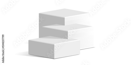 Three White cube block podium stage pedestal and platform vector, a minimalist display element. Ideal for product showcases, presentations, awards, exhibitions, and modern design.