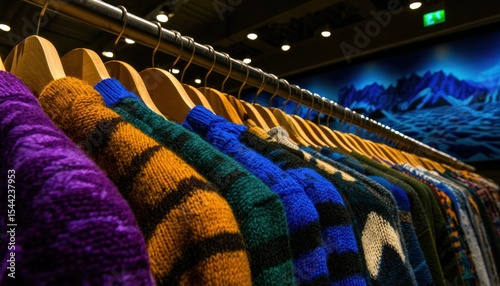 Row of colorful sweaters on hangers in a store