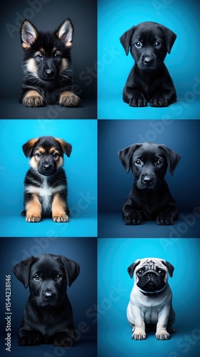 Six adorable puppy portraits against a gradient backdrop