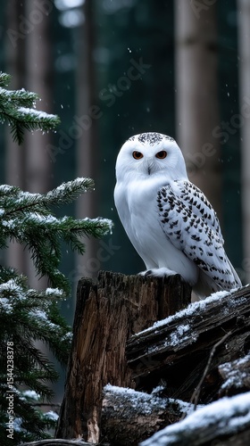 Snowy owl perched on log in snowy forest