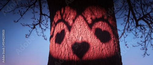 Tree trunk with heart-shaped shadows at dusk
