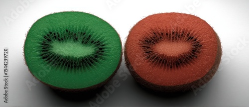 Two halves of a kiwi fruit, one green, one red