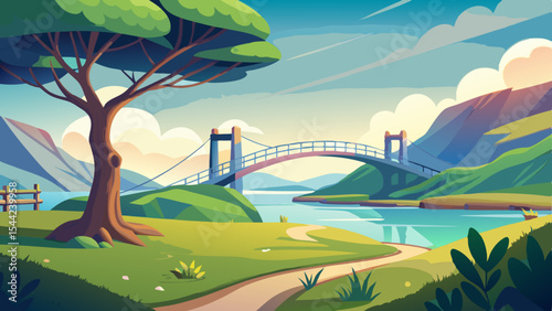 Colorful Cartoon Vector Tree & Bridge in Coastal Mountain Field