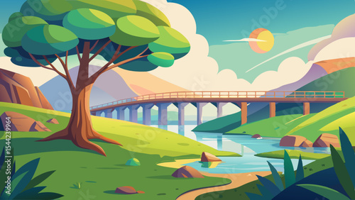 Colorful Cartoon Vector Tree & Bridge in Coastal Mountain Field