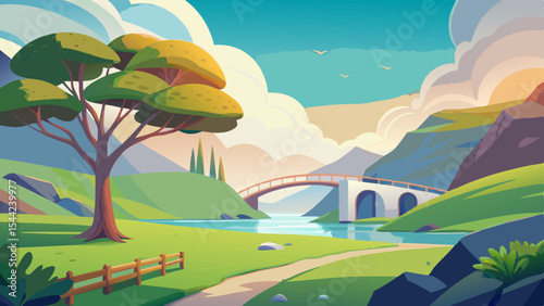 Colorful Cartoon Vector Tree & Bridge in Coastal Mountain Field