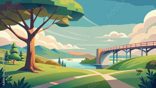 Colorful Cartoon Vector Tree & Bridge in Coastal Mountain Field