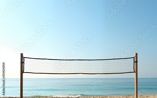 Beach volleyball net against clear sky and calm sea. High quality
