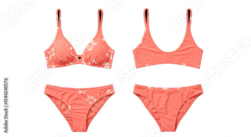Shop coral floral print bikini set women's swimwear bathing suit summer beach vacation apparel fashion style on transparent background