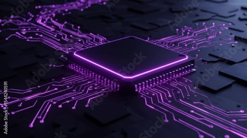 Neon Purple Circuit Board with Futuristic Microchip processor next-gen tech, cybersecurity, and digital infrastructure