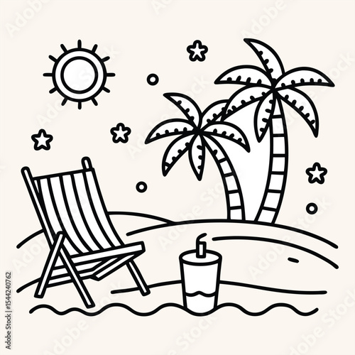 Colorful vintage beach scene, tall palm tree, empty lounge chairs scenery 