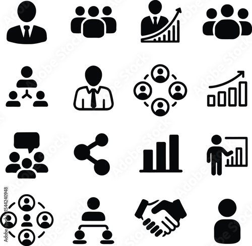 Business people icon set in black silhouette style showing team office and management concepts in vector format