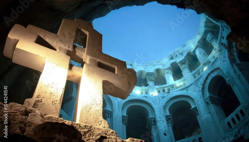 Ancient stone cross within a cavernous church