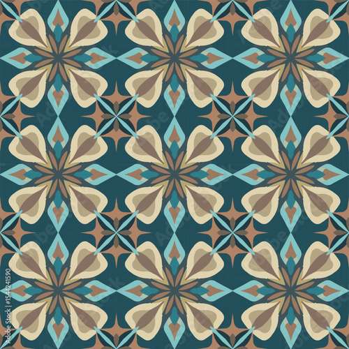 Geometric flower patterns with a seamless background, blue-green color, brown flower patterns are used for wallpapers, vector-style tiles.
