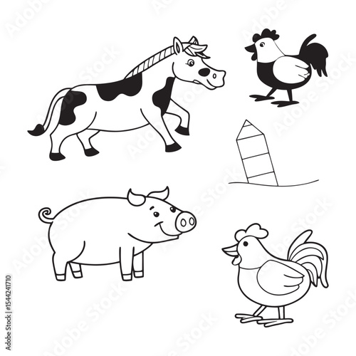Charming Black and White Farm Animals Illustration Cow, Pig, Rooster, Horse