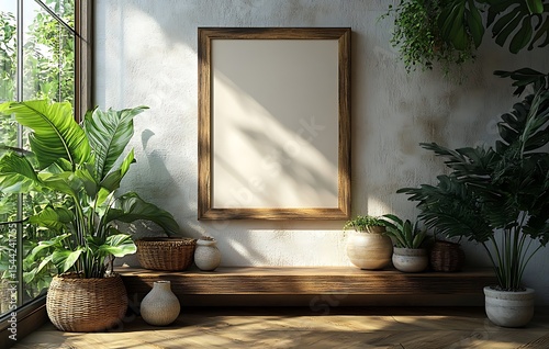 Canvas frame mockup with plants and sunlight on wooden shelf

