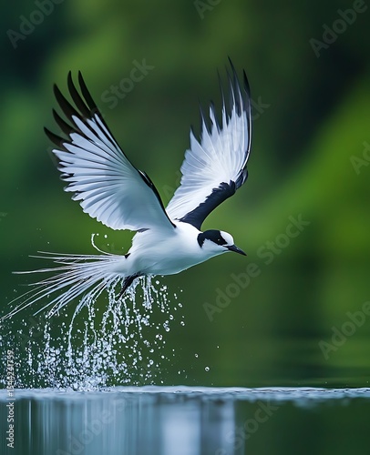 White and Black Bird with Long Tail Feathers Taking Off from Water Splashing Green Background white bird