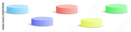 Colorful cylinder podium vector set with five bright 3D platforms in various colors. Ideal for ranking, product showcase, infographic, success display, or modern stage design visuals.