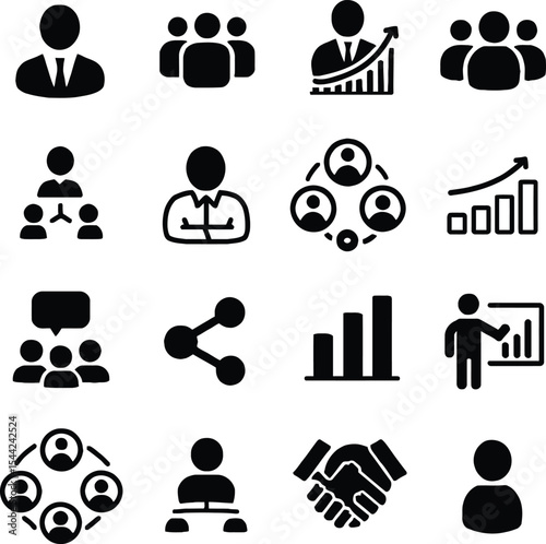 Business people icon set in black silhouette style showing office work team and management concepts in vector format