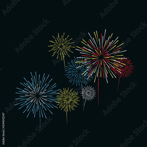 Colorful Fireworks Display on Dark Background - Vector Illustration