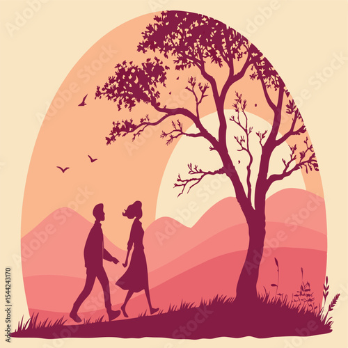 Silhouette of Two People Walking at Sunset – Romantic Evening Scene