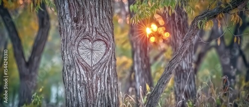 Heart carved into a tree trunk, bathed in warm sunlight.  Autumnal forest scene