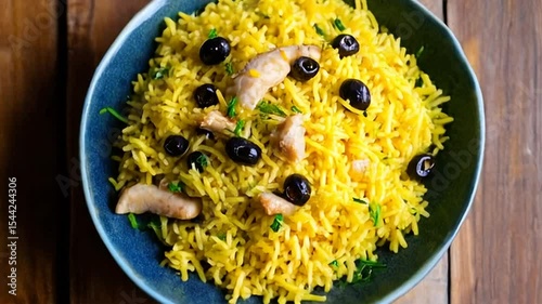 Serving Yellow Rice Dish with Mushroom and Olives On a Plate