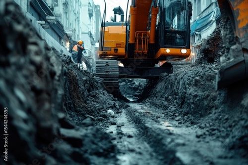 Clear Pixel Image of the Excavator Digs a Trench Road Works