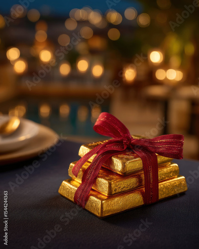 Stack of gold bars tied with red ribbon on dark fabric with warm bokeh lights in background creating festive mood