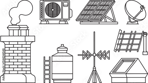 Outline Icons of Rooftop Utilities and Sustainable Energy Equipment