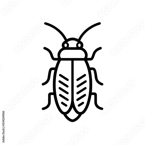 Bold stylized icon of a cockroach or beetle with curved body segments and antennae, in black silhouette.