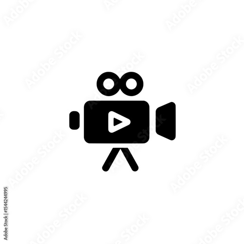 Icon of a movie camera with tripod and play button in black silhouette, symbolizing video production.