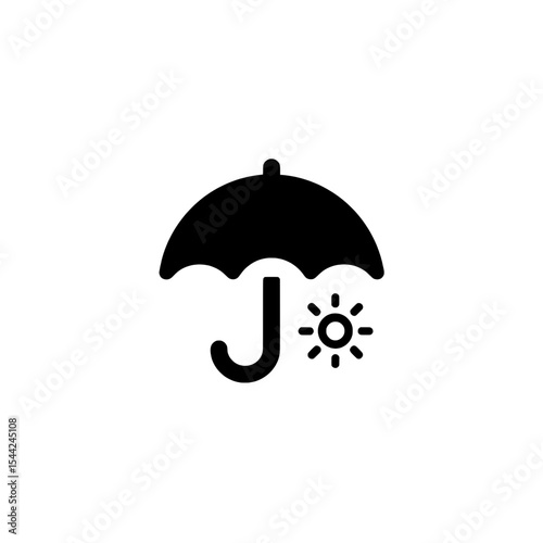 Minimal black umbrella icon with sun rays and hook handle, symbolizing sunshade or summer travel.