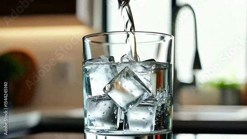 Pouring Water into Glass with Ice Cubes Refreshing Drink Still Life