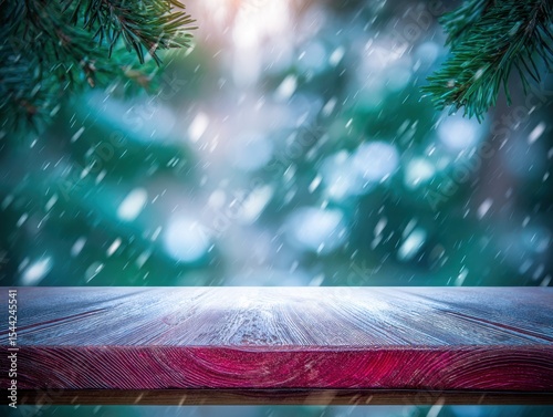 Snowy winter tabletop scene with wooden planks
