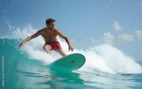 Young caucasian man surfs the ocean wave and makes a lot of splashes into the camera. Chickens surf spot in Maldives. High quality