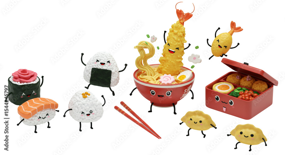 Obraz premium Playful 3D Render of Kawaii Japanese Food Characters Including Sushi Onigiri Ramen Bento Box and Gyoza on Transparent Background Featuring Vibrant Animated Food