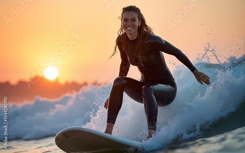 Happy surfer woman rides wave on surfboard at sunset. Female in wetsuit surfing in sea, sport lifestyle. Water splashes, wet hair, summer vacation activity. Extreme sport entertainment. High quality