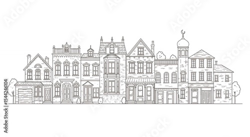 Row of line drawings buildings