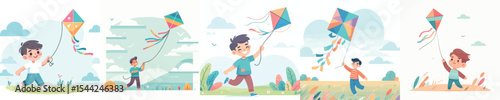 Kids Flying Kites Outdoors — Summer Activity, Happy Childhood, Outdoor Playtime, Flat Design Illustration