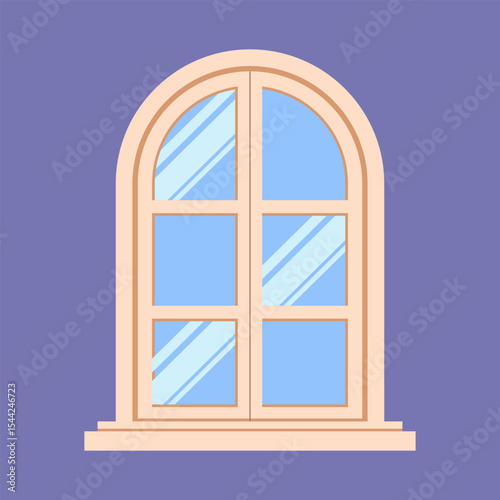 White arched window with purple background.