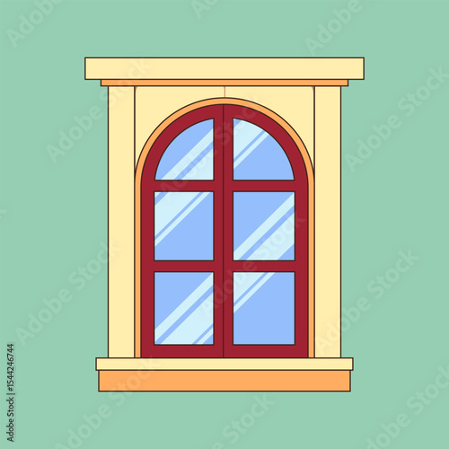 A red window with a beige frame and a turquoise-green background.