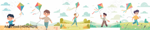 Children Flying Kites Outdoors — Fun Activity, Summer Playtime, Happy Childhood, Flat Design Illustration