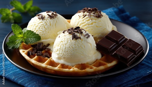 Vanilla ice cream scoops on a waffle with chocolate