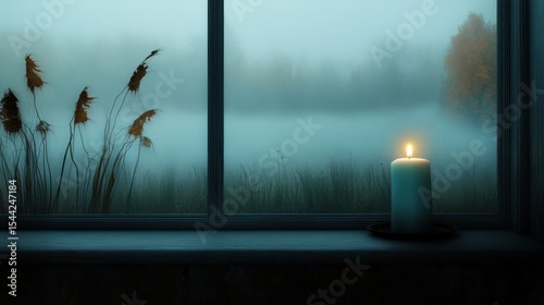 Foggy window view, candlelight
