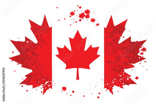 Grunge Canadian Flag with Red Maple Leaf and Paint Splatter Effects on White