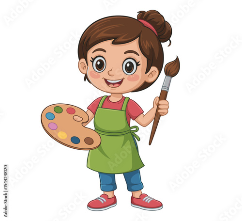 Cartoon girl with paintbrush and palette ready to paint in green apron on black background art design