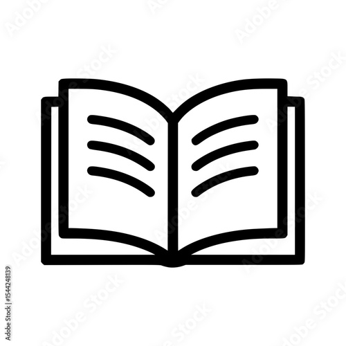Black outline open book icon with pages and text lines
