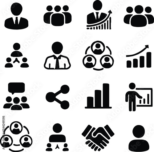 Business people icon set showing black silhouette symbols representing teamwork management office jobs and business roles in vector style
